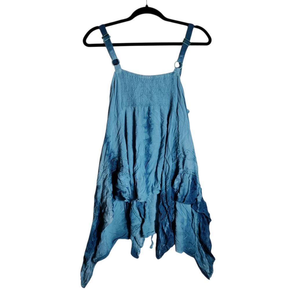 L.S.I. Plus Size Blue Tie Dye Handkerchief Hem Embroidered Boho Dress LSI